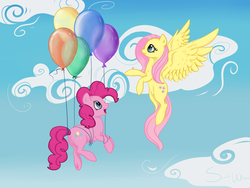 Size: 1600x1200 | Tagged: safe, artist:sinfulwhispers15, fluttershy, pinkie pie, g4, balloon, then watch her balloons lift her up to the sky