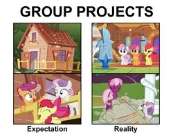 Size: 1200x960 | Tagged: safe, edit, edited screencap, screencap, apple bloom, cheerilee, scootaloo, sweetie belle, g4, stare master, the return of harmony, the show stoppers, clubhouse, crusaders clubhouse, cutie mark crusaders, expectation vs reality, fluttershy's cottage, truth