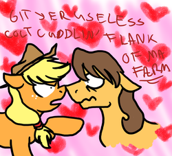 Size: 900x818 | Tagged: safe, artist:enigmaticfrustration, applejack, caramel, earth pony, pony, g4, 1000 hours in ms paint, anti-shipping, bigotjack, cowboy hat, female, hat, heart, homophobia, male, mare, mouthpiece, out of character, ship:carajack, shipping, stallion, straight