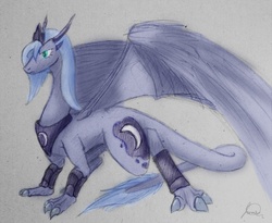 Size: 1080x884 | Tagged: safe, artist:ryuukiba, princess luna, dragon, g4, dragonified, female, gray background, lunadragon, s1 luna, simple background, solo, species swap