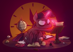 Size: 1280x917 | Tagged: safe, artist:capnpea, twilight sparkle, pony, g4, book, coffee, cookie, female, globe, glowing, glowing horn, horn, ink, solo, writing