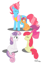 Size: 510x749 | Tagged: safe, artist:tobirone, apple bloom, cup cake, scootaloo, sweetie belle, earth pony, pony, unicorn, g4, cutie mark crusaders, female, filly, foal, mare, pregnant, simple background, transparent background