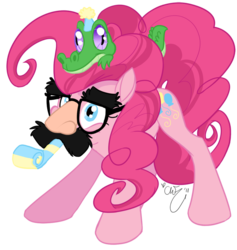 Size: 757x800 | Tagged: safe, artist:chib-bee, gummy, pinkie pie, earth pony, pony, g4, cute, diapinkes, duo, groucho mask, hat, noisemaker, party hat, simple background, transparent background