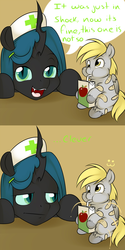 Size: 1248x2492 | Tagged: safe, artist:kloudmutt, derpy hooves, queen chrysalis, changeling, changeling queen, fluffy pony, pegasus, pony, g4, apple juice, bandage, bandaid, comic, cute, cutealis, cuteling, derpabetes, duo, duo female, female, fluffyderpy, hat, juice, juice box, mare, nurse hat, talking to viewer