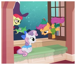 Size: 1155x995 | Tagged: safe, artist:catwhitney, apple bloom, gummy, scootaloo, sweetie belle, earth pony, pegasus, pony, unicorn, g4, bow, captain hook, clothes, costume, crossover, cutie mark crusaders, female, filly, foal, hat, horn, nightgown, pet, peter pan, wendy darling