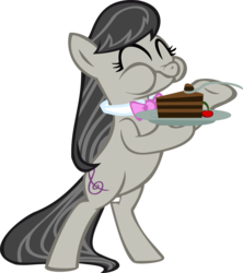 Size: 5412x6082 | Tagged: safe, artist:grinning-alex, octavia melody, earth pony, pony, g4, absurd resolution, bipedal, bowtie, cake, cherry, cutie mark, eating, eyes closed, female, fork, happy, hooves, mare, plate, simple background, solo, spoon, transparent background, vector