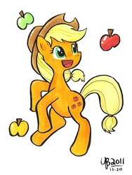 Size: 600x800 | Tagged: safe, artist:thebourgyman, applejack, earth pony, pony, g4, female, obligatory apple, rearing, simple background, solo