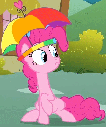 Size: 399x477 | Tagged: safe, screencap, pinkie pie, earth pony, pony, feeling pinkie keen, g4, season 1, animated, blinking, cropped, female, hat, solo, umbrella hat