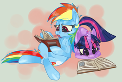 Size: 939x632 | Tagged: safe, artist:xenon, rainbow dash, twilight sparkle, g4, abstract background, book, crossed legs, duo, female, lollipop, mare, open book, reading, relaxing