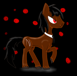 Size: 900x887 | Tagged: safe, artist:riygan, deity, antagonist, black mane, black tail, brown fur, cthulhu mythos, eldritch abomination, evil smile, grin, lovecraft, nyarlathotep, ponified, raised hoof, red eyes, smiling