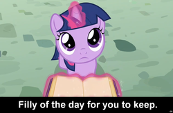 Size: 1024x672 | Tagged: safe, twilight sparkle, pony, unicorn, g4, book, caption, cs captions, female, filly, foal, magic, solo