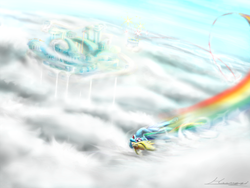 Size: 800x600 | Tagged: safe, artist:huussii, rainbow dash, pegasus, pony, g4, cloud, cloudiseum, cloudsdale, cloudy, female, fireworks, mare, rainbow, rainbow trail, signature, sky, solo, stadium