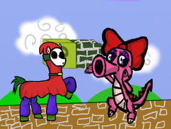 Size: 900x675 | Tagged: safe, artist:kontrollen656, birdo, shy guy, ? block, crossover, doki doki panic, kontrollen656, nintendo, nintendo entertainment system, parody, platformer, ponified, super mario bros., super mario bros. 2, video game