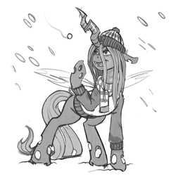 Size: 900x900 | Tagged: dead source, safe, artist:kevinsano, queen chrysalis, changeling, changeling queen, g4, clothes, female, grayscale, hat, monochrome, scarf, snow, snowfall, solo, sweater, winter, winter hat