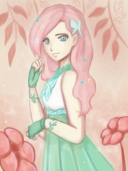 Size: 768x1024 | Tagged: safe, artist:macarosca, fluttershy, human, g4, clothes, dress, female, gala dress, humanized, solo