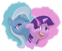 Size: 1700x1410 | Tagged: safe, artist:phoreen, trixie, twilight sparkle, g4, biting, ear bite, female, lesbian, ship:twixie, shipping