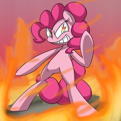 Size: 2000x2000 | Tagged: safe, artist:loosepopcorn, pinkie pie, earth pony, pony, g4, bipedal, fire, grin, high res, hotblooded pinkie pie