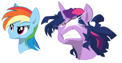 Size: 1280x668 | Tagged: dead source, safe, artist:sunibee, rainbow dash, twilight sparkle, g4, angry, bust, glowing eyes, portrait
