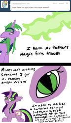 Size: 642x1118 | Tagged: safe, artist:cmac2311, artist:cmacx, oc, oc only, oc:blaze, oc:twila, dracony, hybrid, ask, comic, fire, interspecies offspring, offspring, parent:spike, parent:twilight sparkle, parents:twispike, tumblr