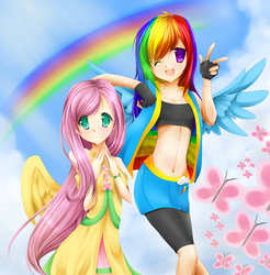 Size: 2619x2658 | Tagged: dead source, safe, artist:dreamerruby, fluttershy, rainbow dash, butterfly, human, g4, anime, belly button, clothes, cute, dashabetes, dress, high res, humanized, midriff, moe, rainbow, shyabetes, sports bra, winged humanization