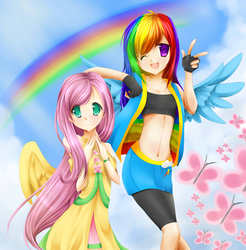 Size: 2619x2658 | Tagged: dead source, safe, artist:dreamerruby, fluttershy, rainbow dash, butterfly, human, g4, anime, belly button, clothes, cute, dashabetes, dress, high res, humanized, midriff, moe, multicolored hair, rainbow, rainbow hair, shyabetes, sports bra, winged humanization