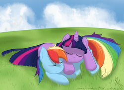 Size: 736x540 | Tagged: safe, artist:sonicrainboom93, rainbow dash, twilight sparkle, g4, cuddling, female, lesbian, ship:twidash, shipping, sleeping, snuggling