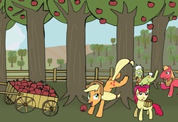 Size: 6132x4218 | Tagged: safe, artist:helsaabi, apple bloom, applejack, big macintosh, granny smith, earth pony, pony, g4, absurd resolution, applebucking, male, stallion