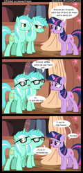 Size: 900x1880 | Tagged: safe, artist:veggie55, editor:mercury2099, lyra heartstrings, twilight sparkle, pony, unicorn, g4, before it was cool, book, bookshelf, comic, eyes closed, female, glasses, guyra, hipster, hipster glasses, male, mare, self ponidox, spanish, stallion, translation, trio, unicorn twilight