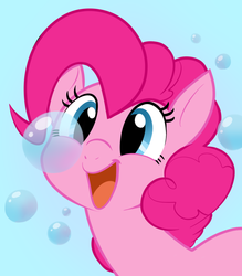 Size: 857x977 | Tagged: safe, artist:sunibee, pinkie pie, earth pony, pony, g4, blue background, bubble, bust, cute, diapinkes, female, open mouth, ponk, portrait, simple background, solo