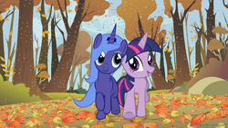 Size: 1920x1080 | Tagged: safe, artist:misteraibo, princess luna, twilight sparkle, g4, autumn, leaves, s1 luna, tree, vector