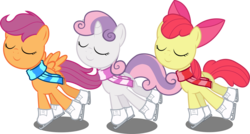 Size: 7583x4062 | Tagged: safe, artist:abion47, apple bloom, scootaloo, sweetie belle, earth pony, pony, g4, absurd resolution, clothes, cutie mark crusaders, eyes closed, female, filly, ice skates, scarf, simple background, transparent background, vector