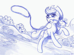 Size: 800x600 | Tagged: safe, artist:kp-shadowsquirrel, applejack, earth pony, pony, g4, female, lasso, monochrome, mouth hold, solo