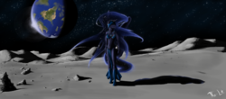 Size: 1280x561 | Tagged: safe, artist:the-lt, nightmare moon, anthro, g4, bra, clothes, earth, moon, space, underwear