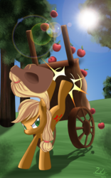 Size: 1200x1920 | Tagged: safe, artist:zelc-face, applejack, g4, apple, applebucking, applejack's hat, bucking, cart, cowboy hat, hat, lens flare