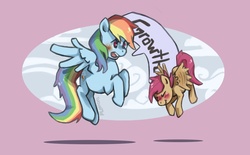 Size: 930x578 | Tagged: safe, artist:purplelemons, rainbow dash, scootaloo, g4, flying, scootaloo can fly