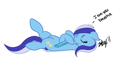 Size: 1244x581 | Tagged: safe, artist:fribox, minuette, pony, g4, brushie, cargo ship, eyes closed, female, on back, shipping, solo, toothbrush