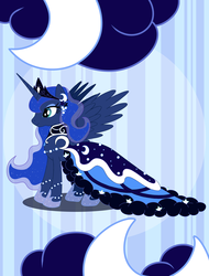 Size: 1500x1971 | Tagged: safe, artist:shilokh, princess luna, alicorn, pony, g4, clothes, crescent moon, dress, female, mare, solo, spread wings, wings