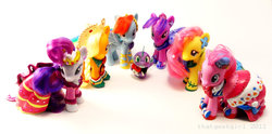 Size: 900x448 | Tagged: safe, artist:thatg33kgirl, applejack, fluttershy, pinkie pie, rainbow dash, rarity, spike, twilight sparkle, g4, suited for success, clothes, doll, dress, gala dress, irl, mane six, photo, toy