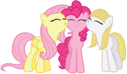 Size: 6800x4000 | Tagged: safe, artist:midnight--blitz, fluttershy, pinkie pie, earth pony, pegasus, pony, g4, andrea libman, eyes closed, female, mare, simple background, transparent background, trio, trio female