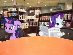 Size: 3264x2448 | Tagged: safe, artist:serindo, edit, edited screencap, screencap, rarity, twilight sparkle, pony, unicorn, g4, ponyville confidential, female, high res, horn, irl, mare, newspaper, photo, ponies in real life, starbucks, vector, written equestrian