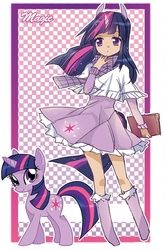 Size: 550x838 | Tagged: dead source, safe, artist:lavender-ice, twilight sparkle, human, pony, unicorn, g4, book, cardboard twilight, clothes, cute, dress, eared humanization, horn, horned humanization, human ponidox, humanized, scarf, self ponidox, skirt, tailed humanization, twiabetes, unicorn twilight