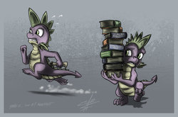 Size: 1280x844 | Tagged: safe, artist:slawomiro, spike, g4, book, carrying