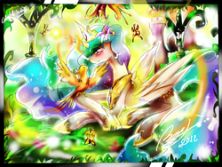 Size: 2000x1500 | Tagged: safe, artist:dishwasher1910, princess celestia, alicorn, bird, butterfly, pony, g4, colorful, female, glowing, glowing horn, horn, jewelry, mare, regalia