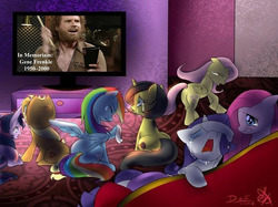 Size: 667x500 | Tagged: safe, applejack, fluttershy, pinkie pie, rainbow dash, rarity, twilight sparkle, oc, oc:pauly sentry, g4, exploitable meme, in memoriam, mane six, meme, more cowbell, sad movie meme