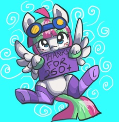 Size: 454x463 | Tagged: safe, artist:indiefoxtail, blossomforth, pegasus, pony, ask blossomforth, g4, :3, adoraforth, blue background, clothes, cute, female, freckles, goggles, simple background, socks, solo, striped socks, thanks, tumblr