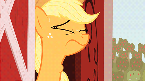 103724 - safe, screencap, applejack, earth pony, pony, g4, party of one,  animated, barn, cropped, eyes closed, female, frown, grin, gulp, mare,  nervous, nervous smile, smiling, solo, squee, sweat - Derpibooru