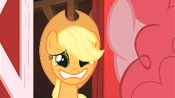 Size: 500x281 | Tagged: safe, screencap, applejack, pinkie pie, g4, party of one, animated, applejack is best facemaker, bad poker face, female