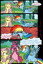 Size: 1356x2025 | Tagged: safe, artist:xenon, fluttershy, pinkie pie, rainbow dash, earth pony, pegasus, pony, g4, my little pony: friendship is magic, sonic rainboom (episode), anchorman, comic, eyes closed, female, mare, pinkie being pinkie, yay