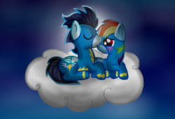 Size: 2042x1392 | Tagged: safe, artist:zyruma, rainbow dash, soarin', g4, cloud, female, kissing, male, ship:soarindash, shipping, straight, wonderbolts uniform