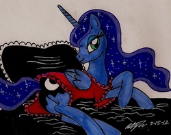 Size: 1040x820 | Tagged: safe, artist:newyorkx3, princess luna, alicorn, pony, g4, bed, bedroom eyes, butt, clothes, female, lingerie, looking at you, mare, moonbutt, nightgown, on side, plot, smiling, solo, traditional art